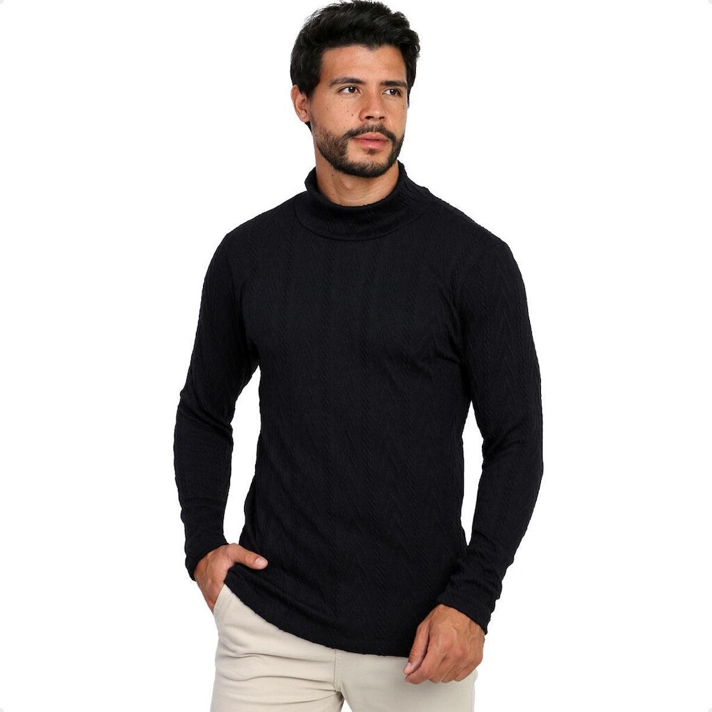 Suéter Tricot Canelado Gola Alta Jacquard Masculino