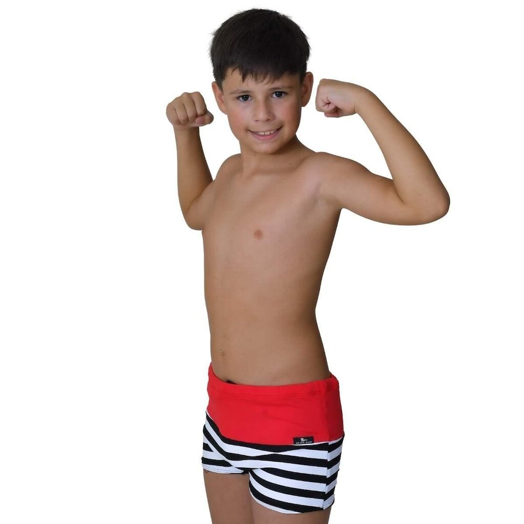 SUNGA INFANTIL BOXER VERMELHO LISTRA PRETO E BRANCO