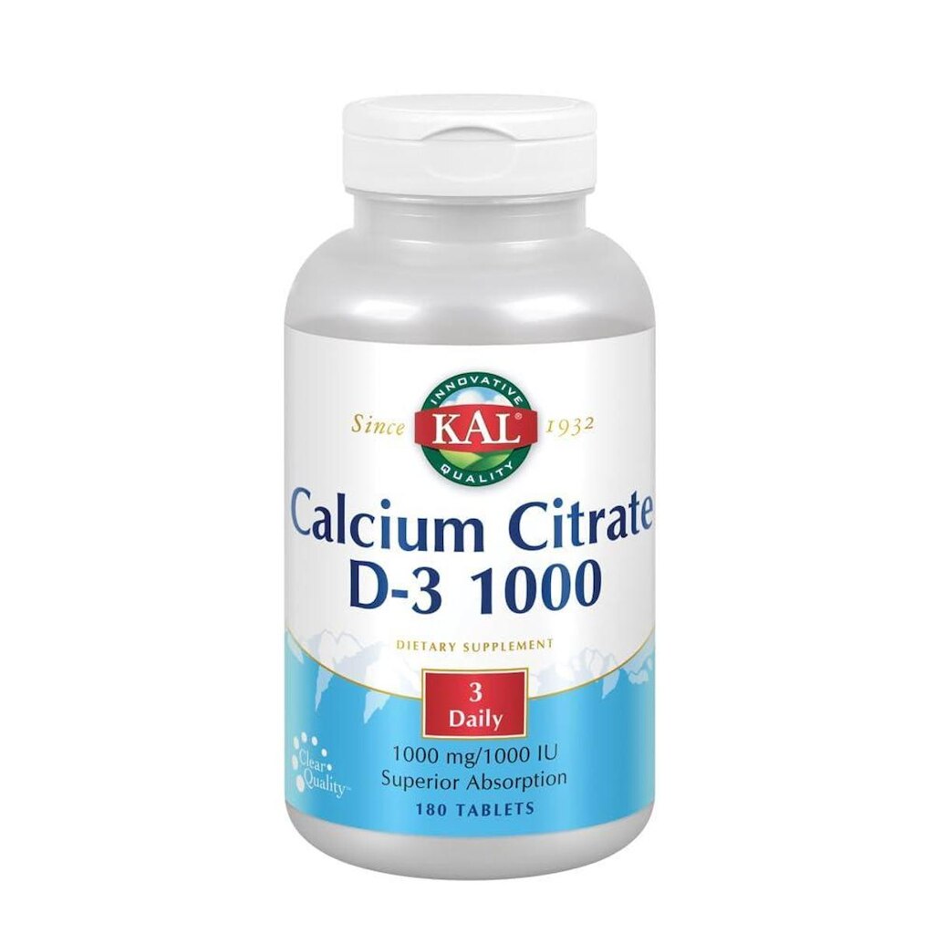 Suplemento de citrato de cálcio KAL com D 1000 UI 1000 mg 180 comprimidos