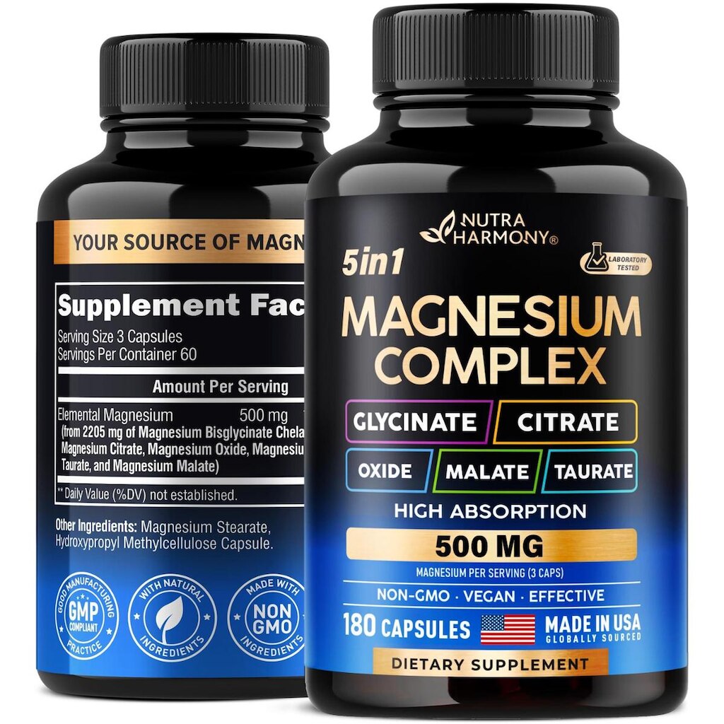 Suplemento de magnésio NUTRAHARMONY 5 em 1 Complexo 500 mg 180 cápsulas