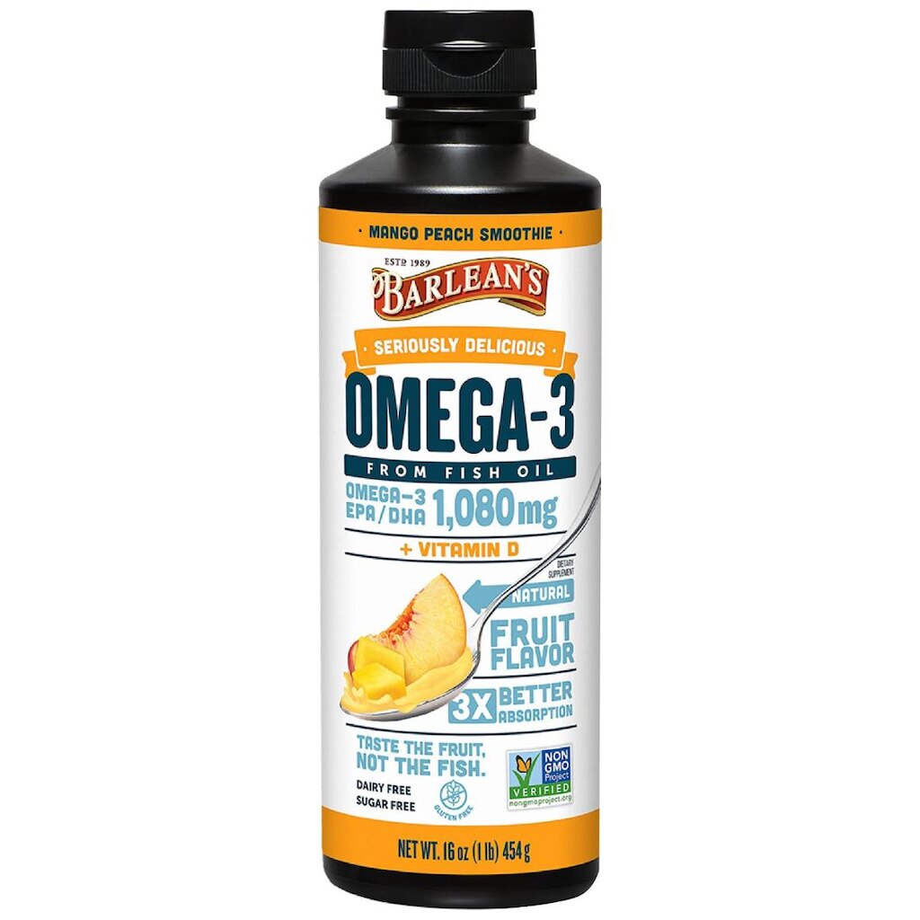 Suplemento de óleo de peixe Barlean's Mango Peach Omega 3 500 ml com vitamina D