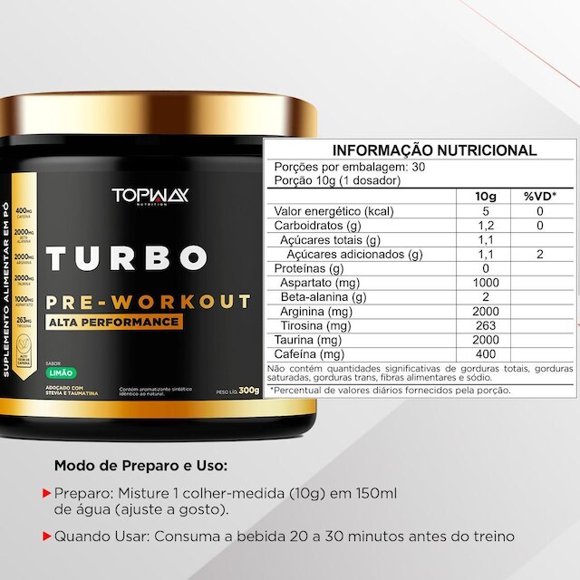 Suplemento Em Pó Pré Treino Turbo Topway 300G Sabor Limão