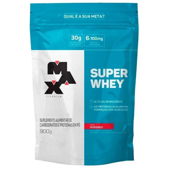 Suplemento em Pó Super whey Isolado Conc. Morango 900g - Max Titanium Menor preço em Suplemento em Pó Super whey Isolado Conc. Morango 900g - Max Titanium