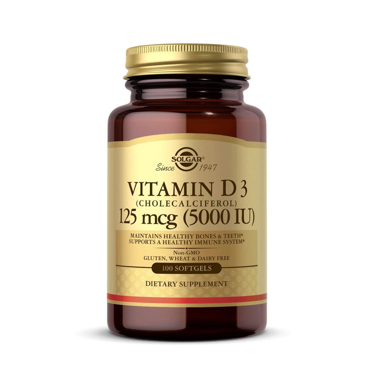 Suplemento Solgar de Vitamina D3 125mcg (5000 UI) 100 Cápsulas Gelatinosas