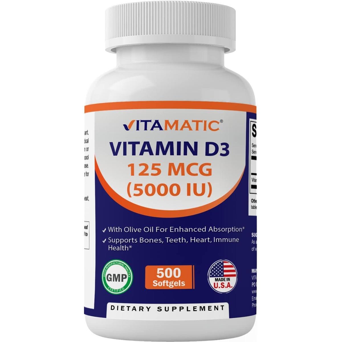 Suplemento Vitamatic Vitamina D3 5000 UI (125 mcg) 500 cápsulas gelatinosas
