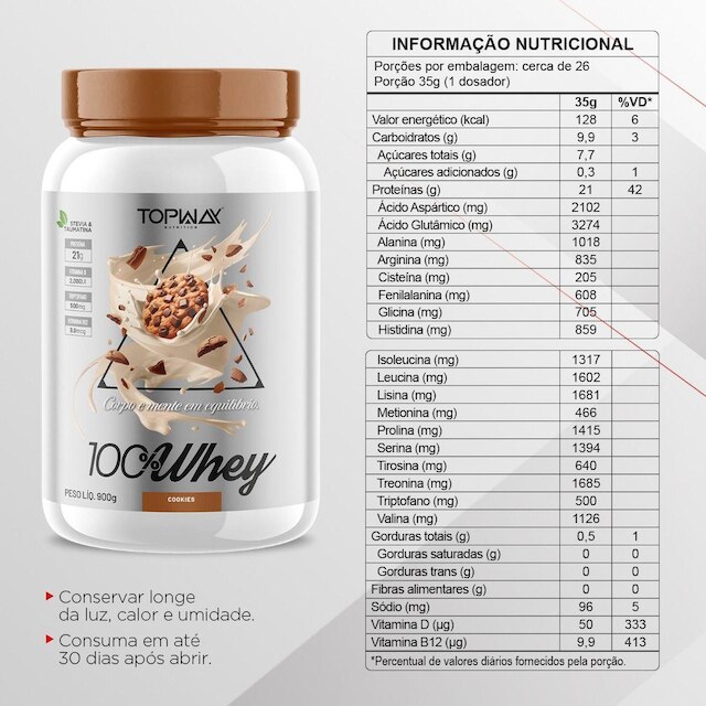 Suplemento Whey Protein 100% Concentrado Pote 900G Topway