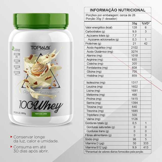 Suplemento Whey Protein 100% Concentrado Pote 900G Topway