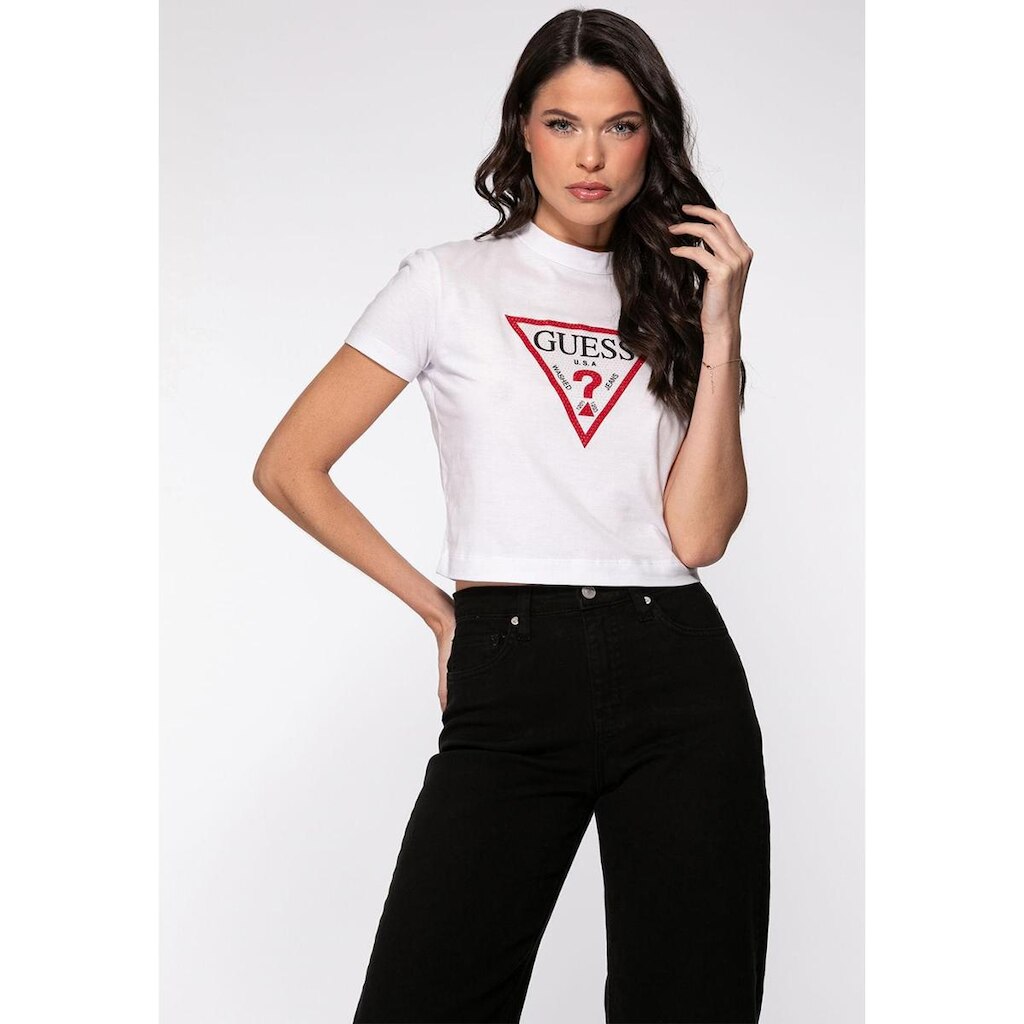 T-shirt Guess Triang Hotfix Cropped Branco