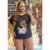 T-shirt Plus Size Estampada com Costas em Malha - Preto