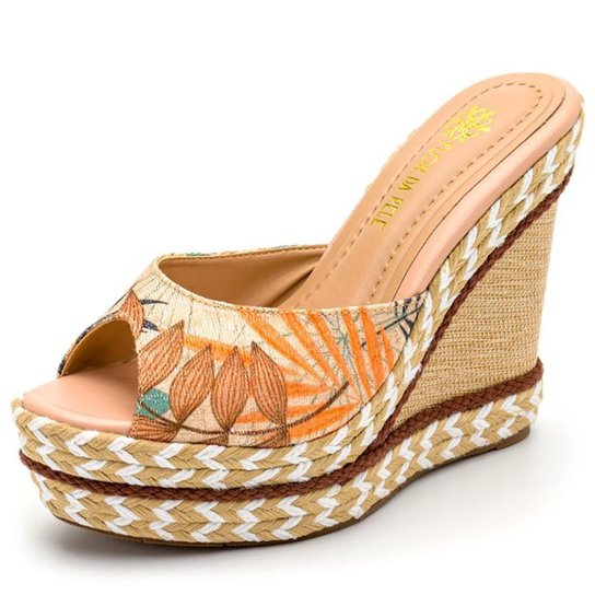 Tamanco Feminino Salto Anabela Flor da Pele com Sisal Nobucado Cintilante - Branco Menor preço em Tamanco Feminino Salto Anabela Flor da Pele com Sisal Nobucado Cintilante - Branco