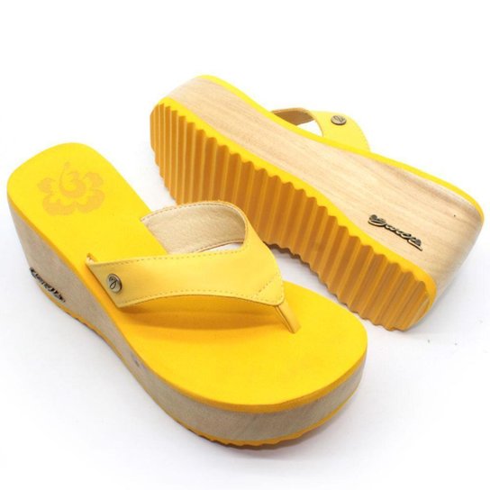 Tamanco Plataforma Feminino Barth Shoes Búzios Couro Solado Madeira - Amarelo