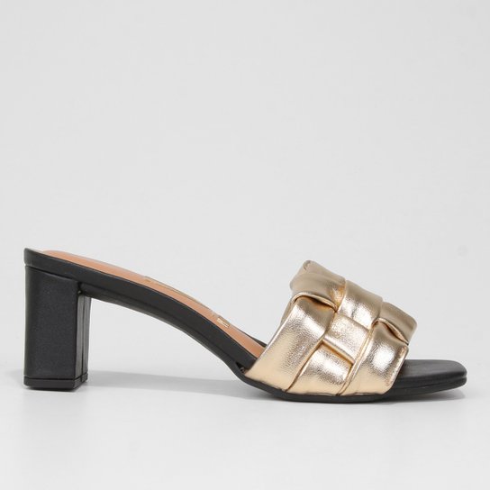 Tamanco Vizzano Trançado Metalizado Salto Grosso - Preto+Dourado Menor preço em Tamanco Vizzano Trançado Metalizado Salto Grosso - Preto+Dourado