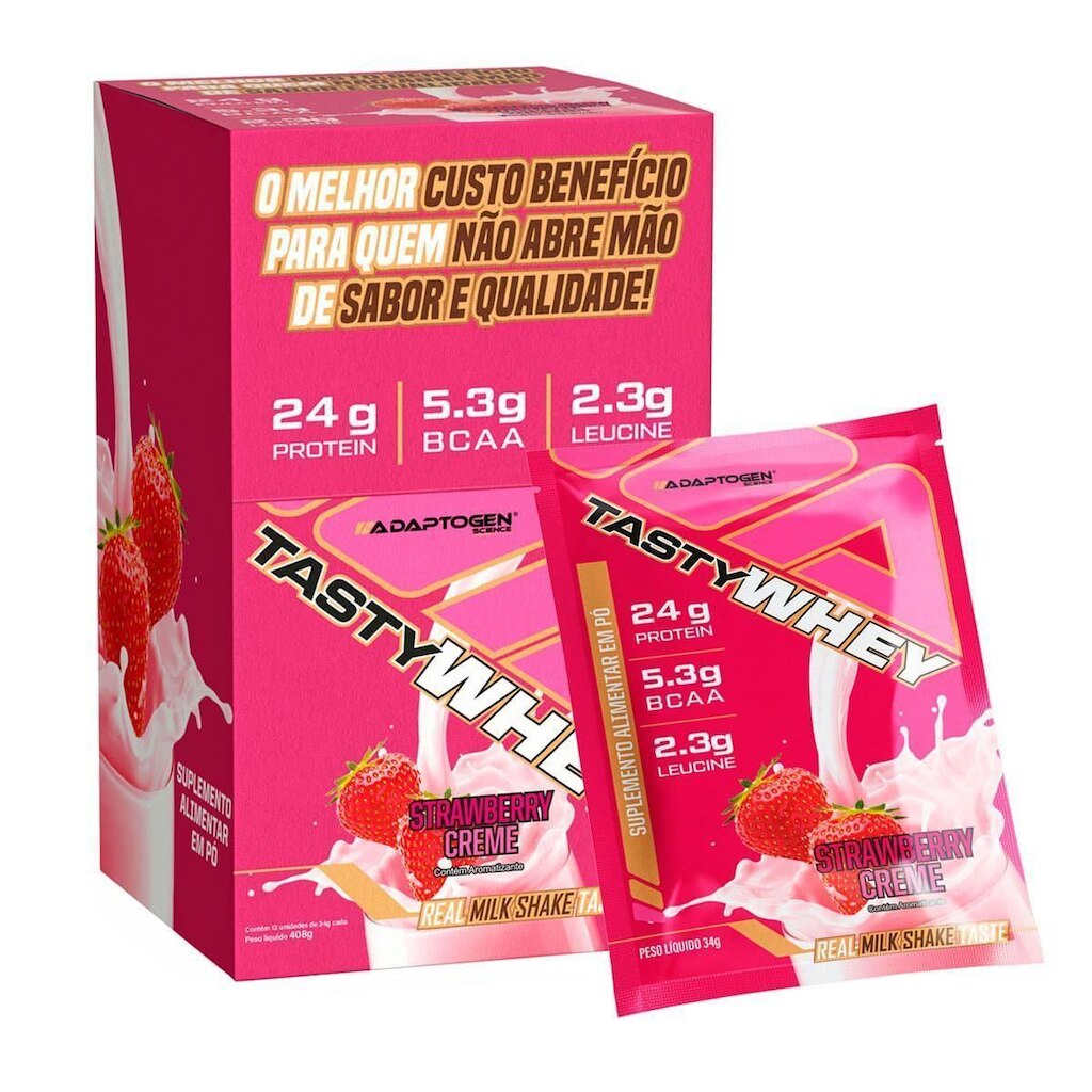 Tasty Whey 3W - 12 Sachês 34g Strawberry Creme - Adaptogen
