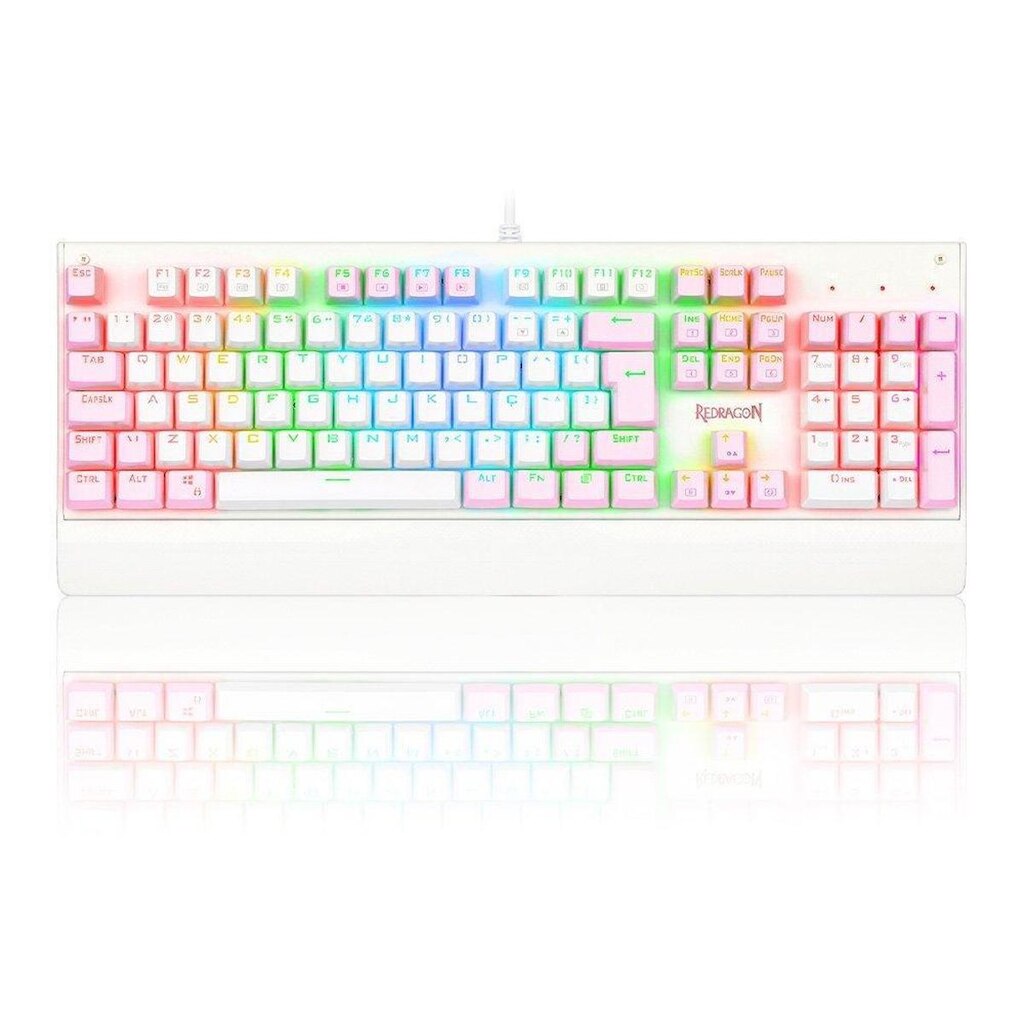 Teclado Mecânico Gamer Redragon Kala, RGB Branco e Rosa, Switch Blue, ABNT2, Branco - Branco - Unis