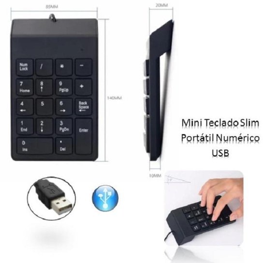 Teclado Mini Slim portátil USB com fio Numérico - Preto Menor preço em Teclado Mini Slim portátil USB com fio Numérico - Preto