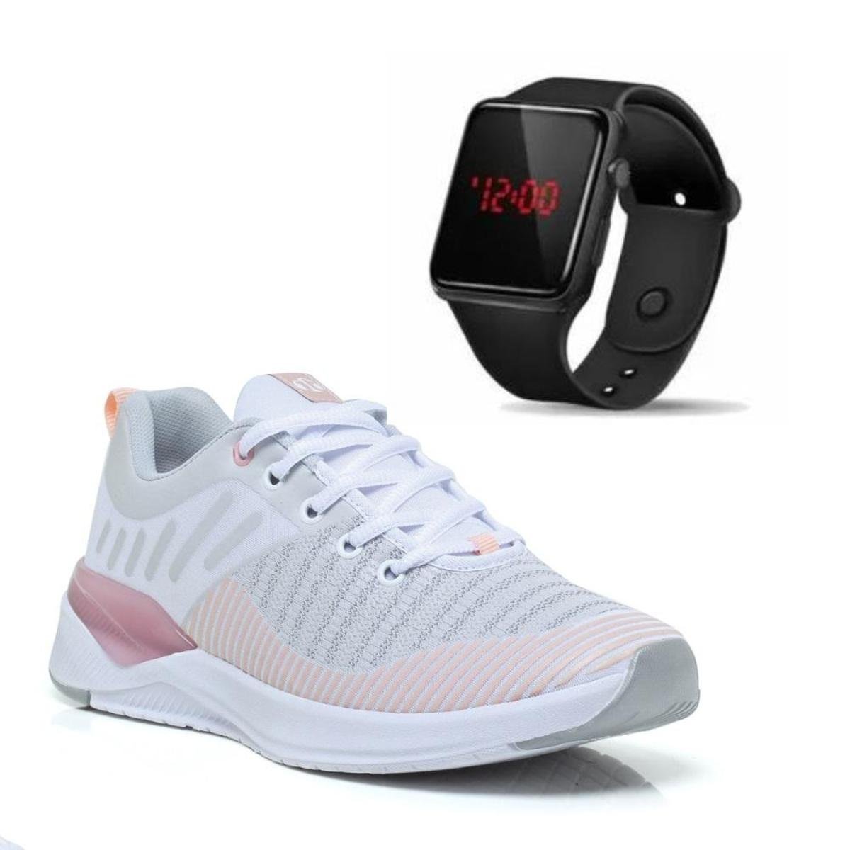 Tênis Academia Feminino Caminhada + Relógio Digital LED Esportivo Menor preço em Tênis Academia Feminino Caminhada + Relógio Digital LED Esportivo