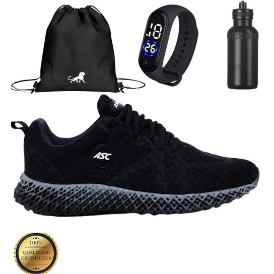 Tênis Academia Masculino Kit Caminhada Flexível + Relógio + Mochila + Garrafa D'água - Preto Menor preço em Tênis Academia Masculino Kit Caminhada Flexível + Relógio + Mochila + Garrafa D'água - Preto