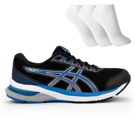Tênis Asics Gel Shogun 4 Masculino + 3 pares meia - Preto+Azul Menor preço em Tênis Asics Gel Shogun 4 Masculino + 3 pares meia - Preto+Azul
