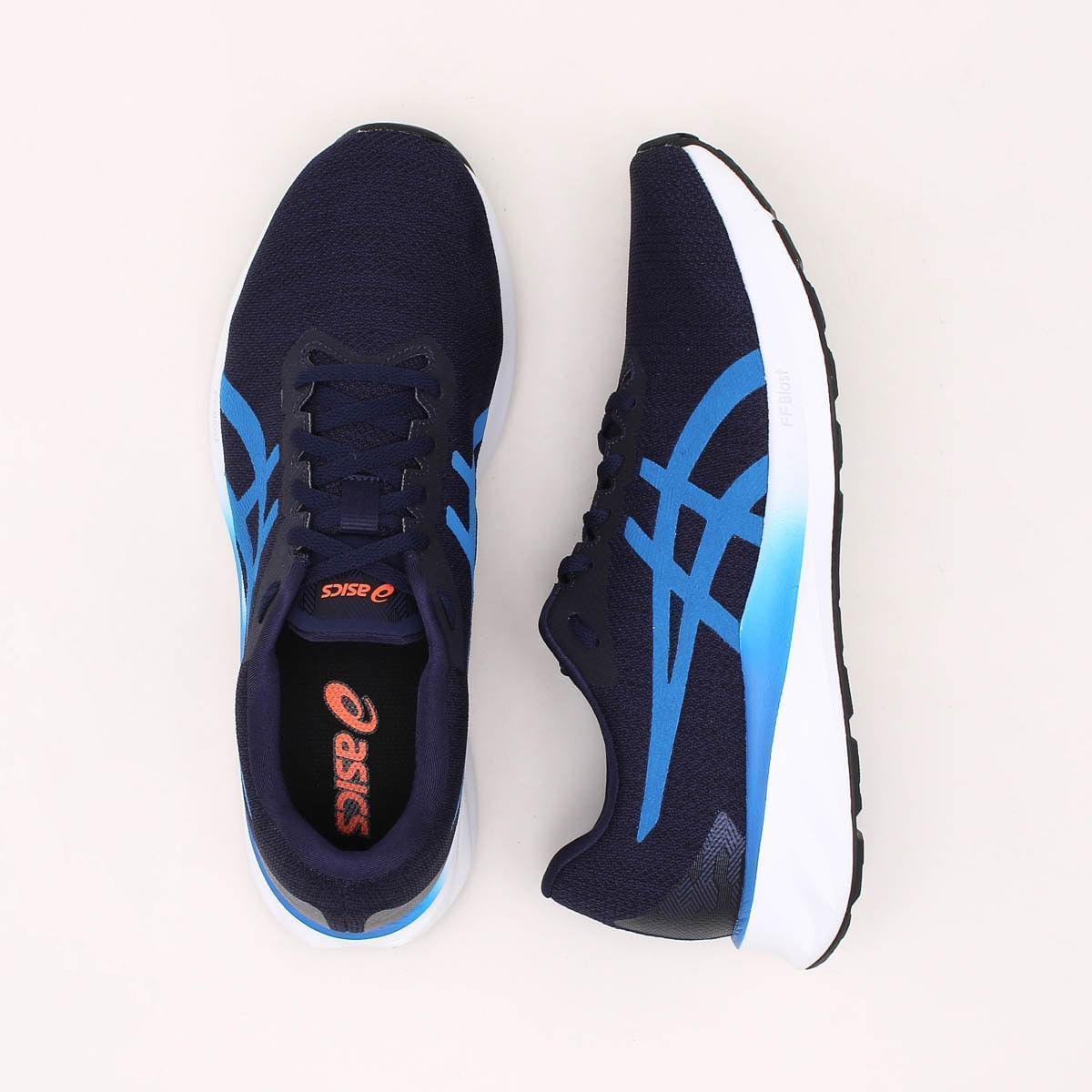 tenis asics azul e dourado