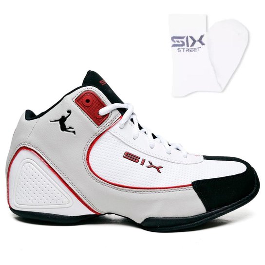 Tênis Basquete Six Street Charge Branco Cinza Vermelho + Meia - Branco+prata Menor preço em Tênis Basquete Six Street Charge Branco Cinza Vermelho + Meia - Branco+prata