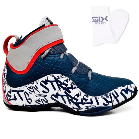 Tênis Basquete Six Street Impact Azul com Cinza + Meia - Preto+Azul Menor preço em Tênis Basquete Six Street Impact Azul com Cinza + Meia - Preto+Azul