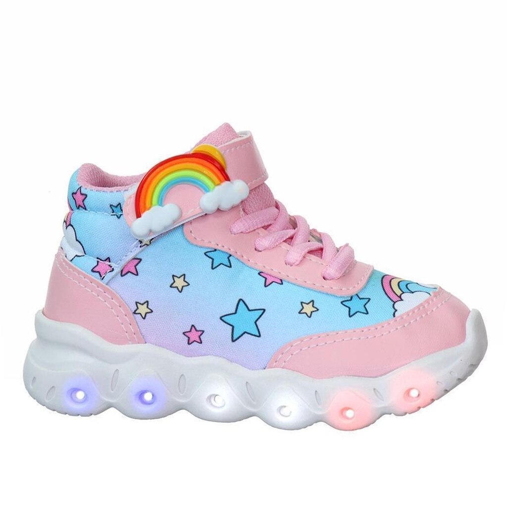 Tenis Botinha Menina Estrela Luz de Led Arco Iris Lançamento