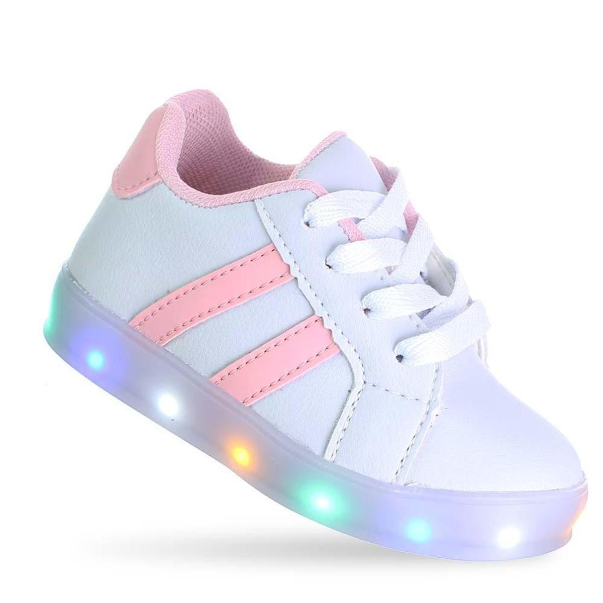 Tenis Calçado Luzinha Luz Led Infantil Juvenil Menina Branco Rosa