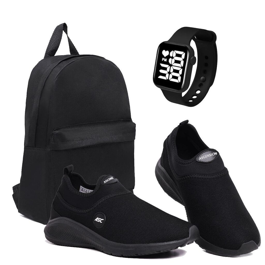 Tenis Calce Facil All Black + Relogio quadrado + Mochila