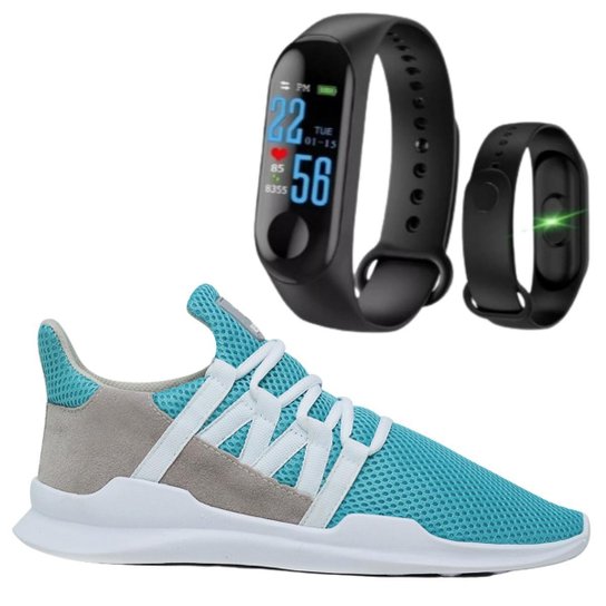 Tênis Caminhada Corrida Leve Macio Confortável Fitness Academia + Pulseira Inteligente M3 - Azul Menor preço em Tênis Caminhada Corrida Leve Macio Confortável Fitness Academia + Pulseira Inteligente M3 - Azul