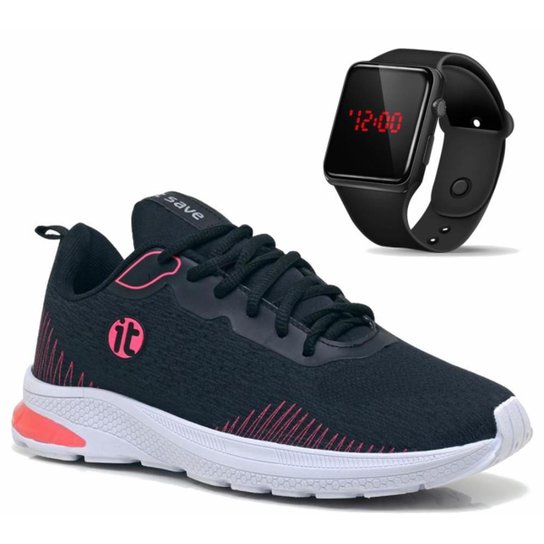 Tênis Caminhada Feminino Academia + Relógio Digital LED Esportivo - Preto+Rosa Menor preço em Tênis Caminhada Feminino Academia + Relógio Digital LED Esportivo - Preto+Rosa