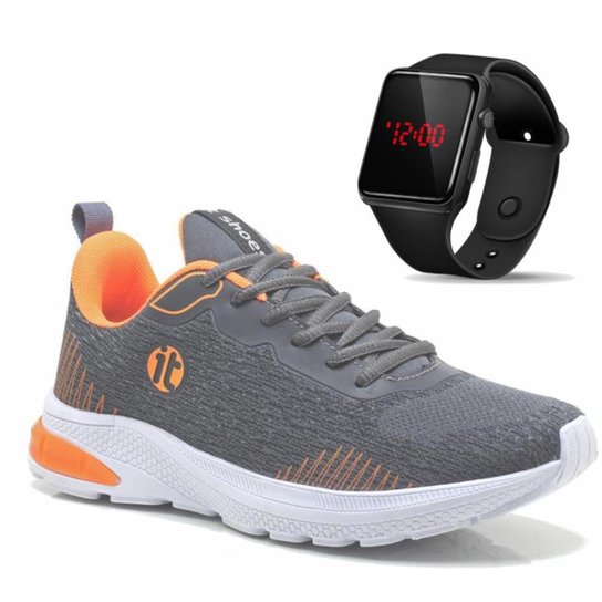 Tênis Caminhada Feminino Academia + Relógio Digital LED Esportivo - Grafite+Laranja Menor preço em Tênis Caminhada Feminino Academia + Relógio Digital LED Esportivo - Grafite+Laranja