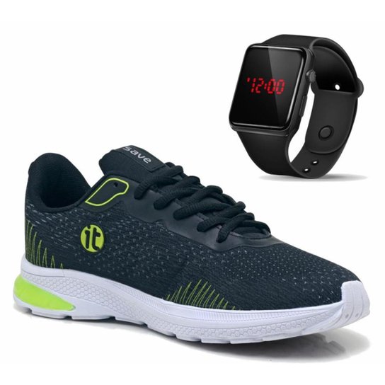 Tênis Caminhada Masculino Academia + Relógio Digital LED Esportivo - Preto+verde Menor preço em Tênis Caminhada Masculino Academia + Relógio Digital LED Esportivo - Preto+verde