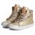Tênis Casual Cano Medio em Couro Feminino com Cadarço e Detalhe Recortes - Dourado