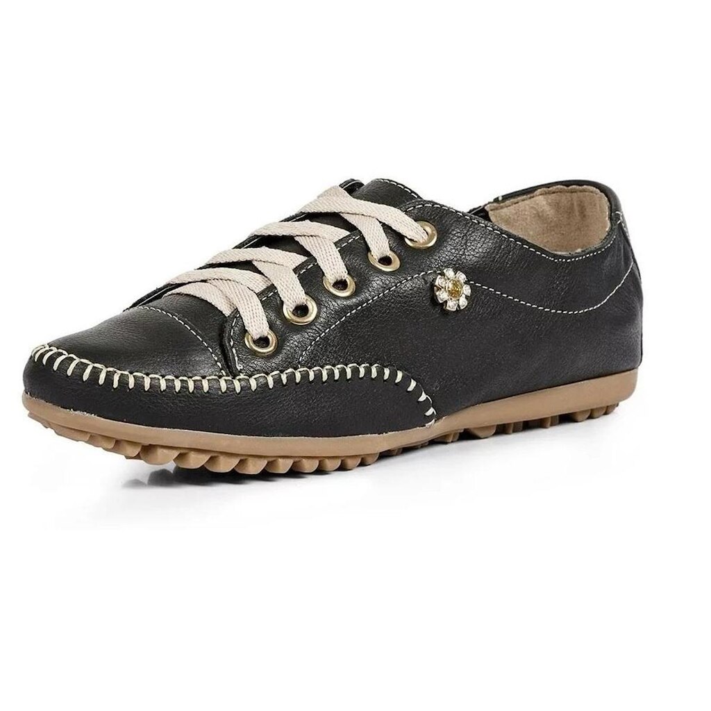 Tênis Casual em Couro Feminino com Cadarço Detalhe em Pedra e Costura Manual