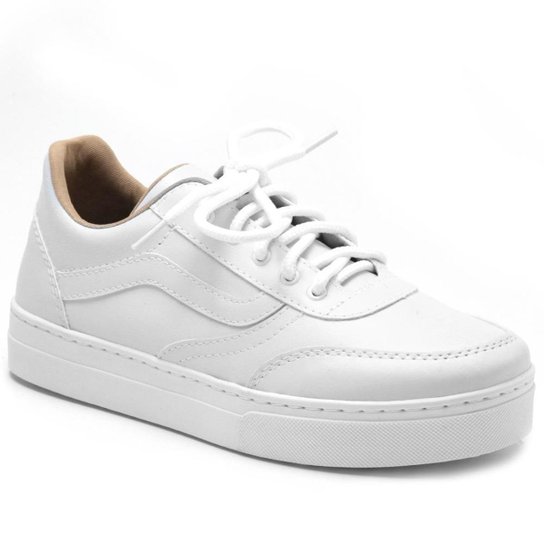 Tenis Casual Feminino Listra Lateral com Recortes e Sola Alta Reta - Branco Menor preço em Tenis Casual Feminino Listra Lateral com Recortes e Sola Alta Reta - Branco