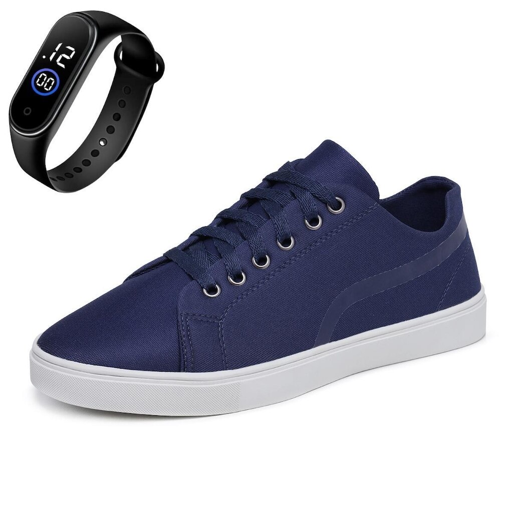 Tênis Casual Masculino Sola Reta Com Cadarço + Relógio