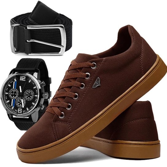 Tênis Casual SB SapatoFran com Relógio e Cinto Gorgurão Masculino - Café Menor preço em Tênis Casual SB SapatoFran com Relógio e Cinto Gorgurão Masculino - Café