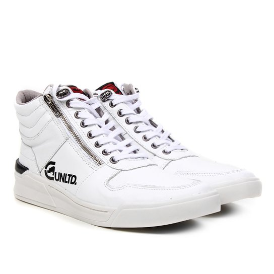 Tênis Couro Cano Alto Ecko Zíper Masculino - Branco Menor preço em Tênis Couro Cano Alto Ecko Zíper Masculino - Branco