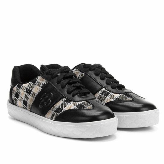 Tênis Couro Capodarte Xadrez Tecido Feminino - Preto+Branco