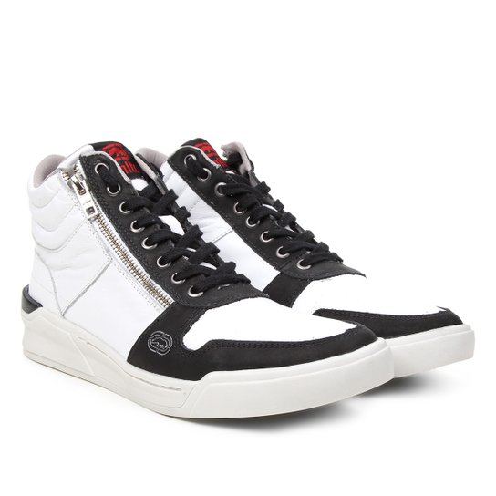 Tênis Couro Ecko Bicolor Cano Médio Masculino - Preto+Branco