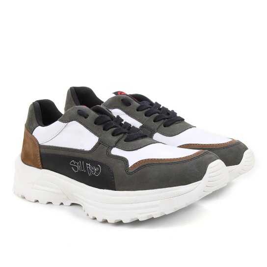 Tênis Couro Ecko Recortes Still Free Masculino - Chumbo+Branco