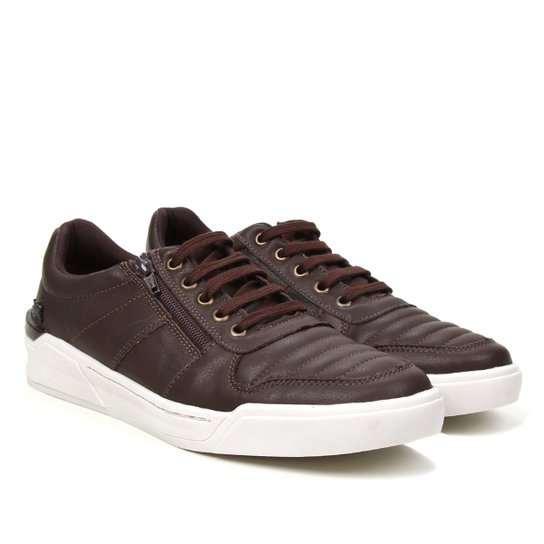 Tênis Couro Ecko Zíper Masculino - Marrom+Branco