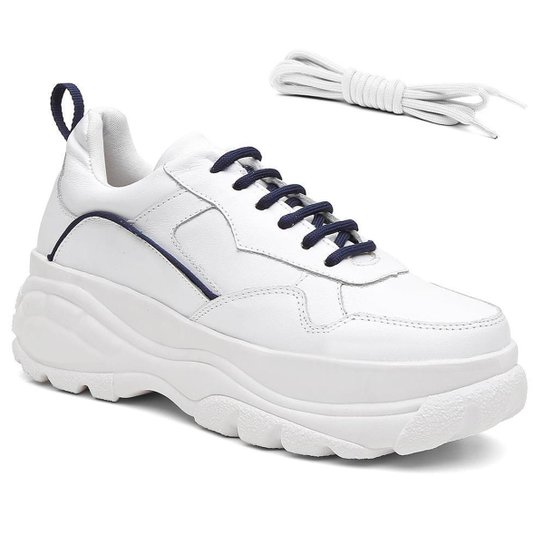 Tênis Couro Hshoes Buffalo Sneaker Plataforma Feminino - Branco e Azul Menor preço em Tênis Couro Hshoes Buffalo Sneaker Plataforma Feminino - Branco e Azul