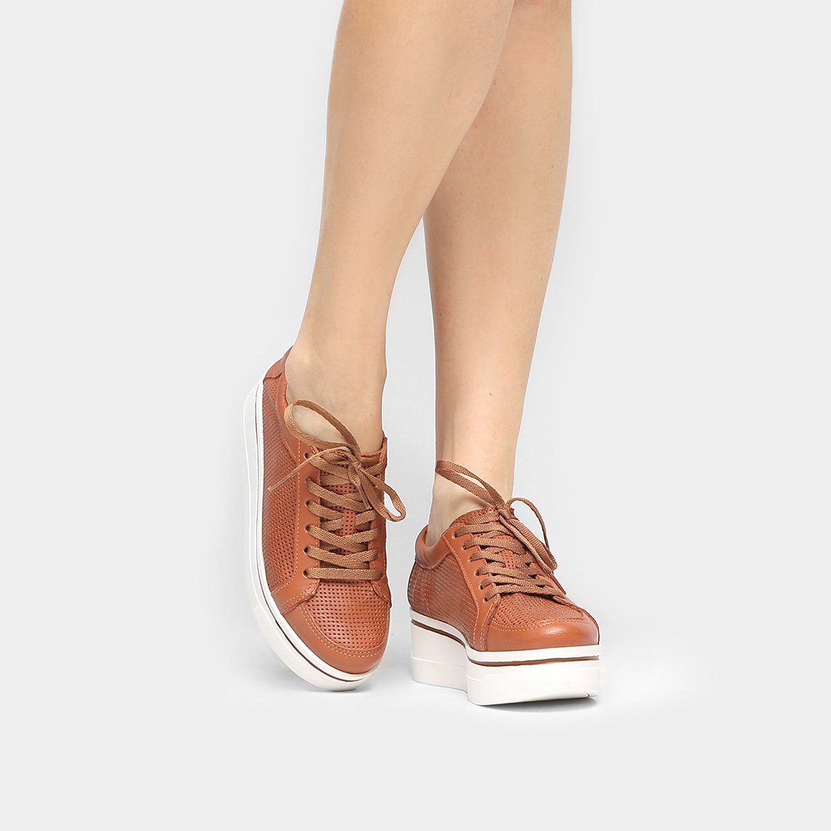 Tênis Couro Luz da Lua Flatform Perfuros Feminino - Caramelo | Netshoes