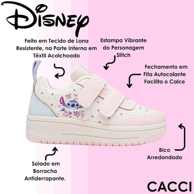 Tênis Disney Infantil Menina Autocolante Acolchoado Stitch