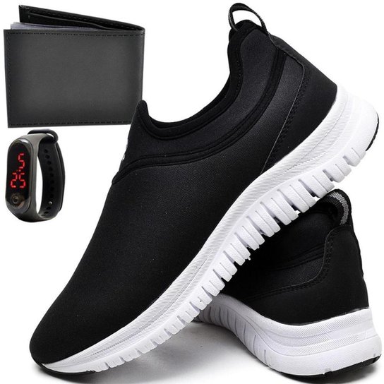 Tênis Esportivo Casual Masculino sem Cadarço com Relogio Digital e Carteira - Preto Menor preço em Tênis Esportivo Casual Masculino sem Cadarço com Relogio Digital e Carteira - Preto