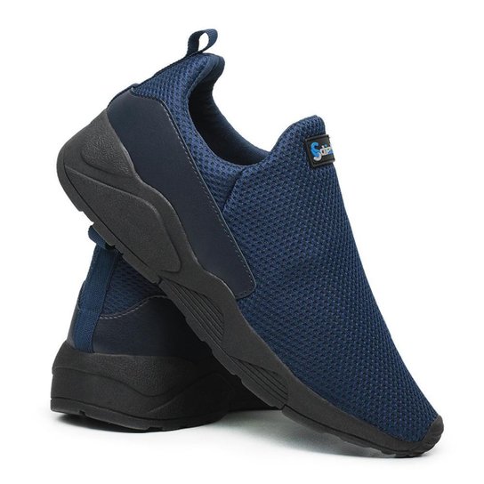 Tênis Esportivo Casual Masculino sem Cadarço em Tecido Tramado Sola Detalhada - Azul Menor preço em Tênis Esportivo Casual Masculino sem Cadarço em Tecido Tramado Sola Detalhada - Azul