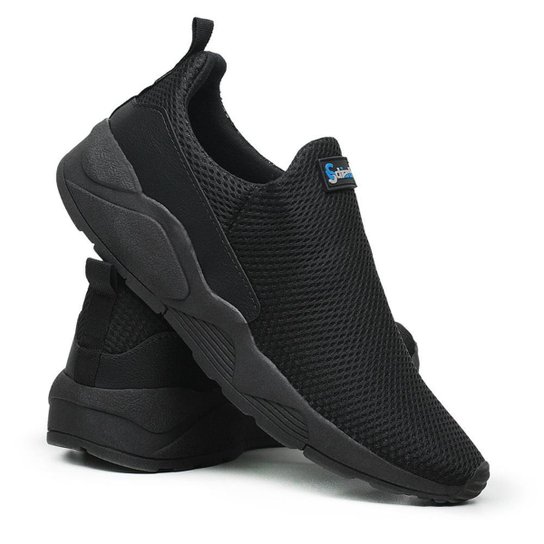 Tênis Esportivo Casual sem Cadarço Masculino em Tecido Tramado Sola Detalhada - Preto Menor preço em Tênis Esportivo Casual sem Cadarço Masculino em Tecido Tramado Sola Detalhada - Preto