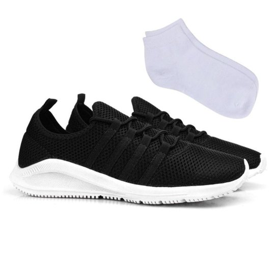 Tênis Esportivo Corrida Academia Treino Running Caminhada Leve Macio Confortável + Meia - Preto+Branco Menor preço em Tênis Esportivo Corrida Academia Treino Running Caminhada Leve Macio Confortável + Meia - Preto+Branco