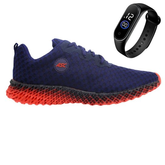 Tênis Esportivo Unissex Academia Caminhada Solado 4D em Degradê + Relógio - Azul+Vermelho Menor preço em Tênis Esportivo Unissex Academia Caminhada Solado 4D em Degradê + Relógio - Azul+Vermelho